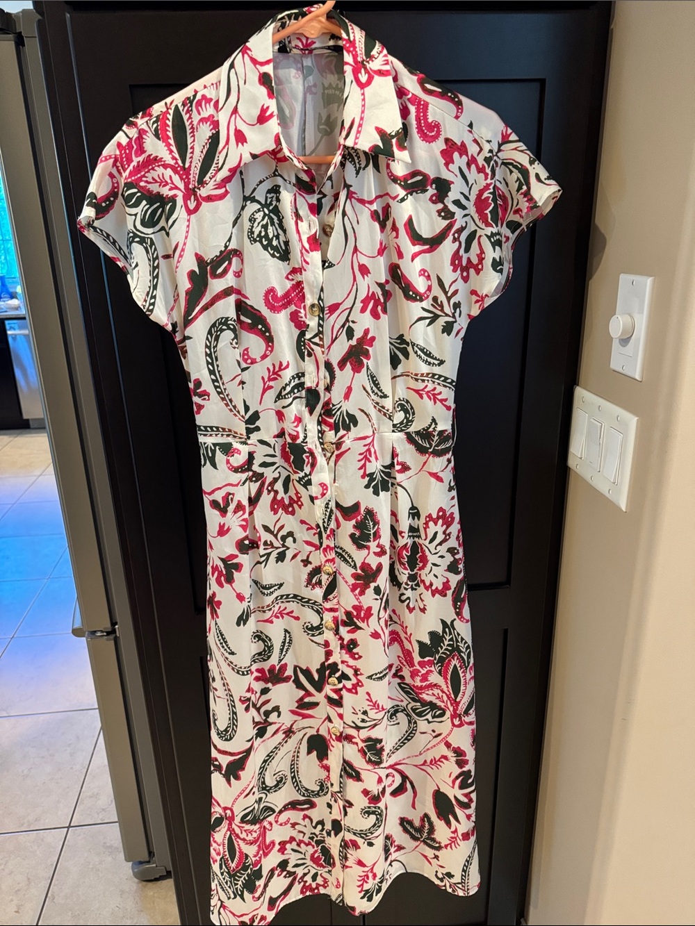 Zara Dress White Pink & Green Paisley Print.  Silky feel! Gold buttons! XS